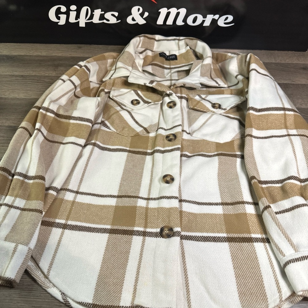 Love Tree Tan and Cream Plaid Utility Jacket